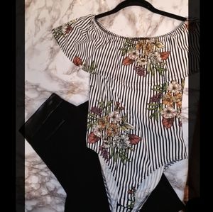 NWOT Floral Striped Bodysuit